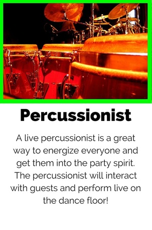 Percussionist A live percussionist is a great way to energize everyone and get them into the party spirit. The percussionist will interact with guests and perform live on the dance floor!